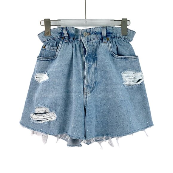 HW0080 Miu Miu Light blue wash ripped full-drill cotton casual denim shorts size - Picture 1 of 9